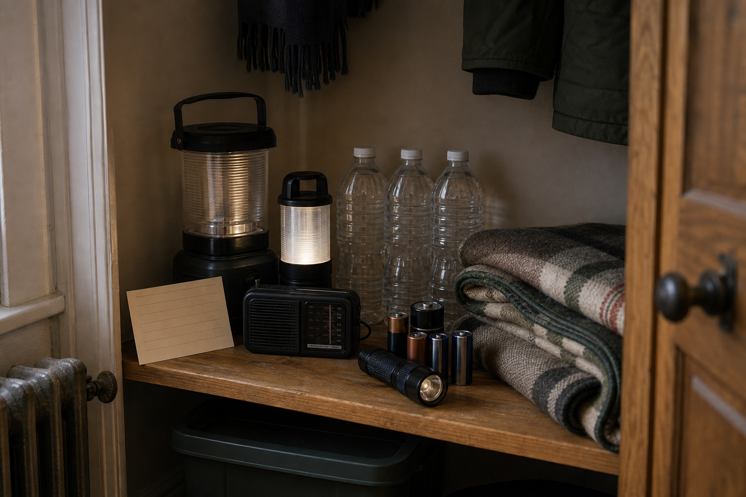 Small organized outage kit with lantern, batteries, water, and note card