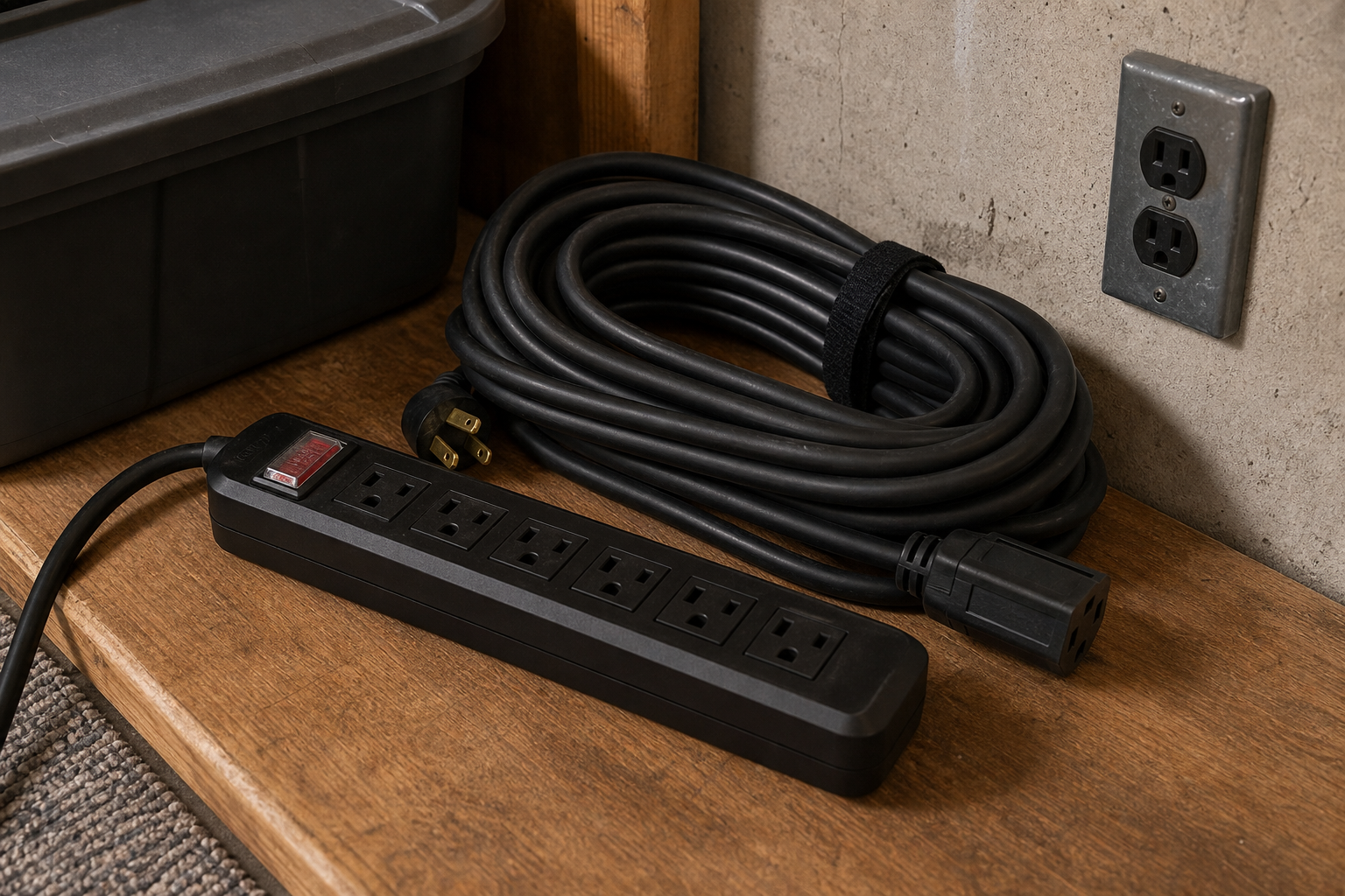Neat safe extension cord and power bar setup on floor shelf
