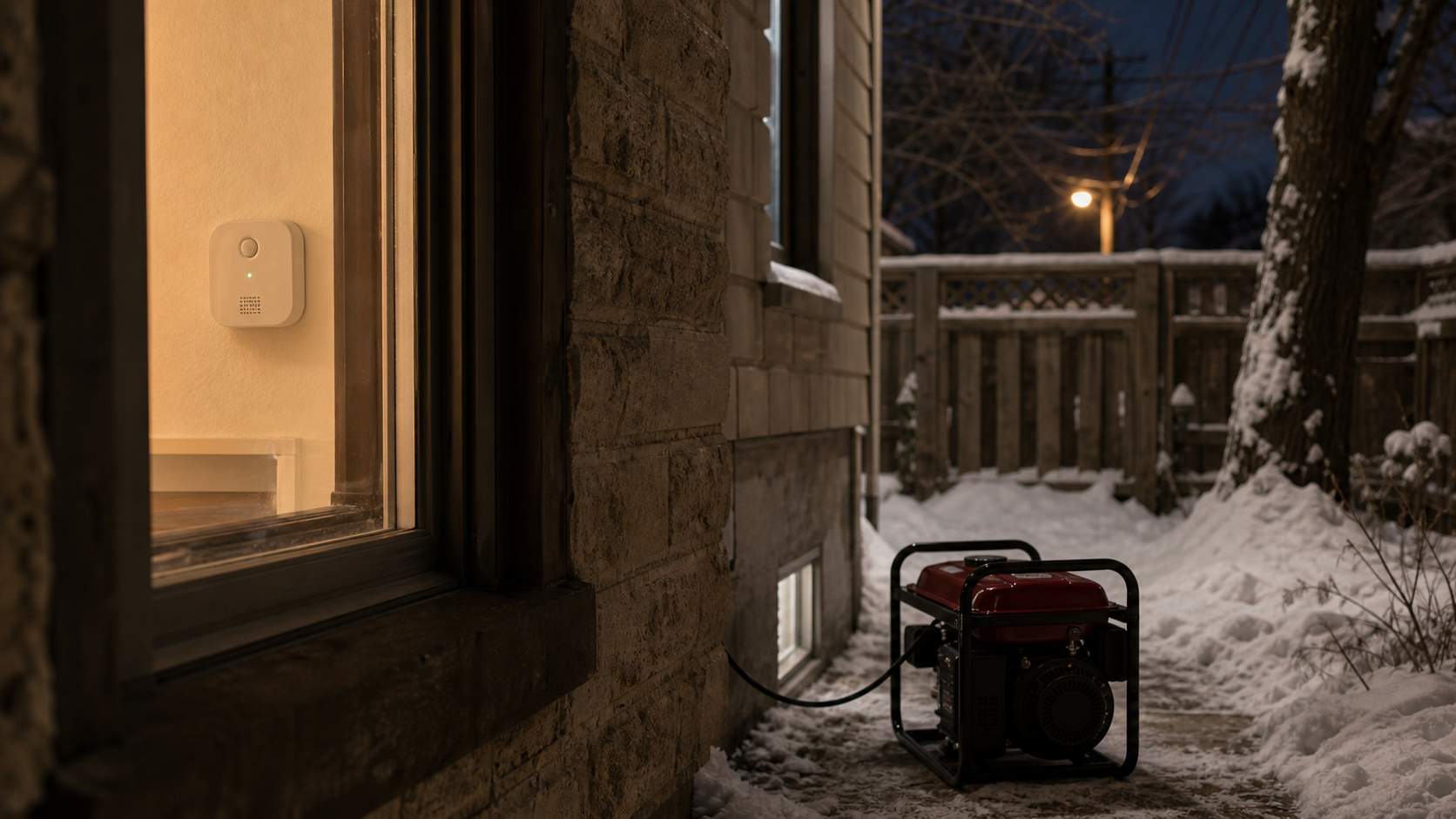 Portable generator placed outdoors at safe distance from older home