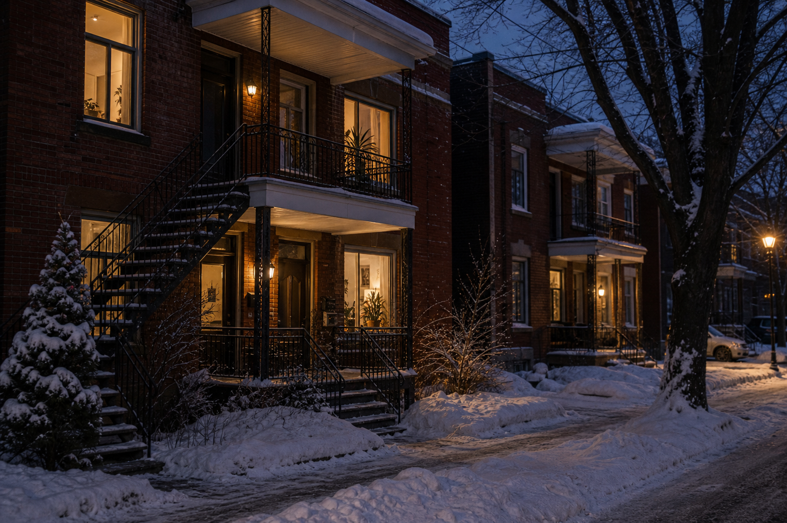 Older Montreal duplex exterior on winter evening with warm lit windows