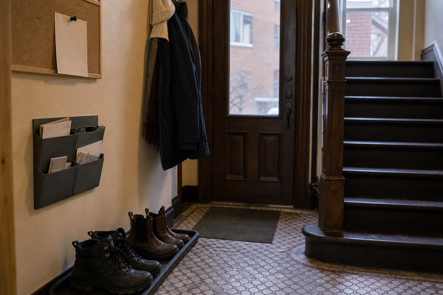 Shared entry hall of older Montreal duplex with coats, boots, and household note