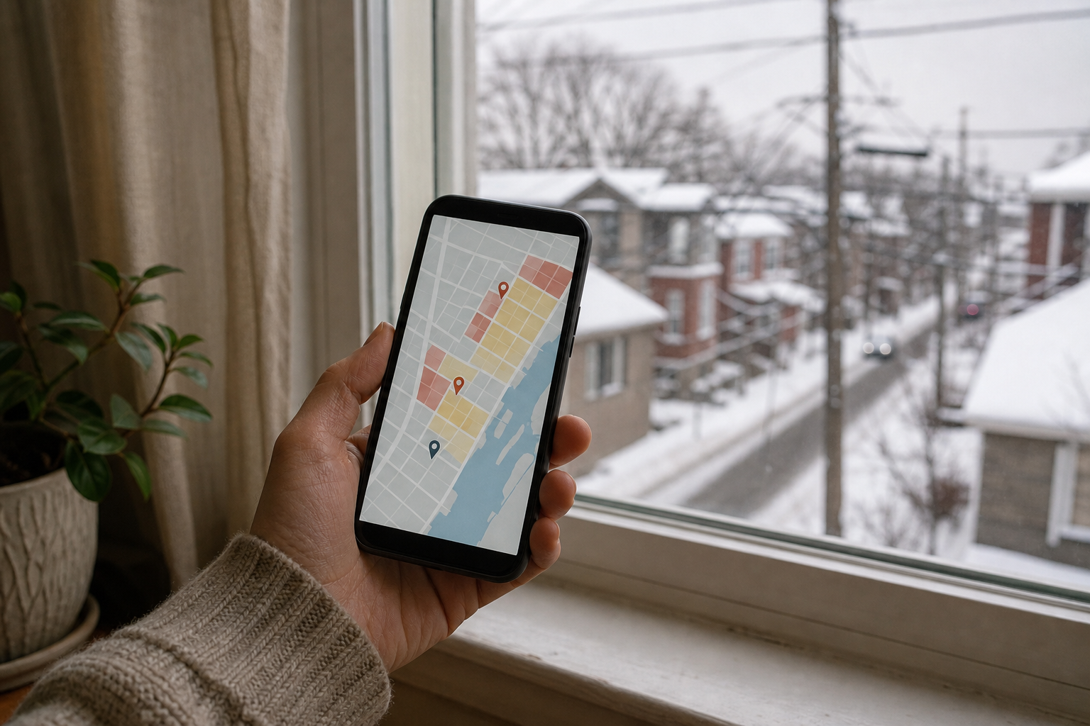 Hand holding phone with map-like outage screen near snowy Montreal window
