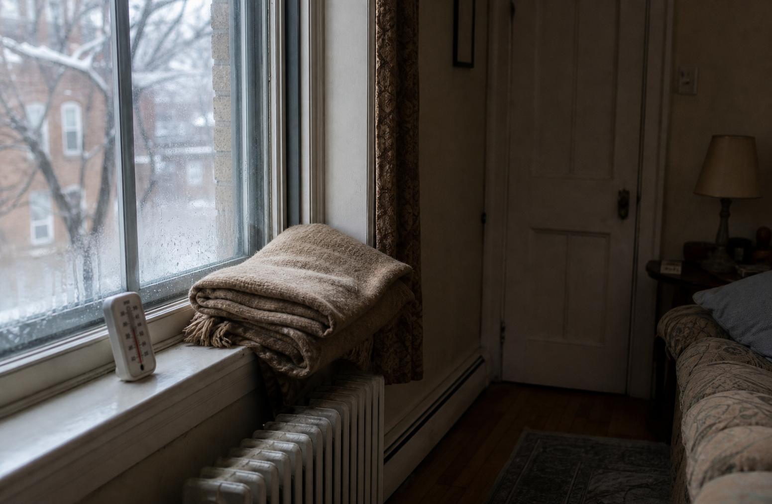 Older room with drafty window and blanket showing winter comfort loss