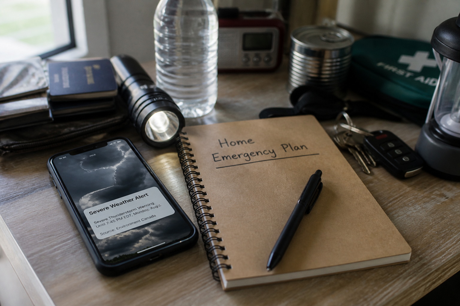 Phone weather alert beside notebook and household readiness checklist