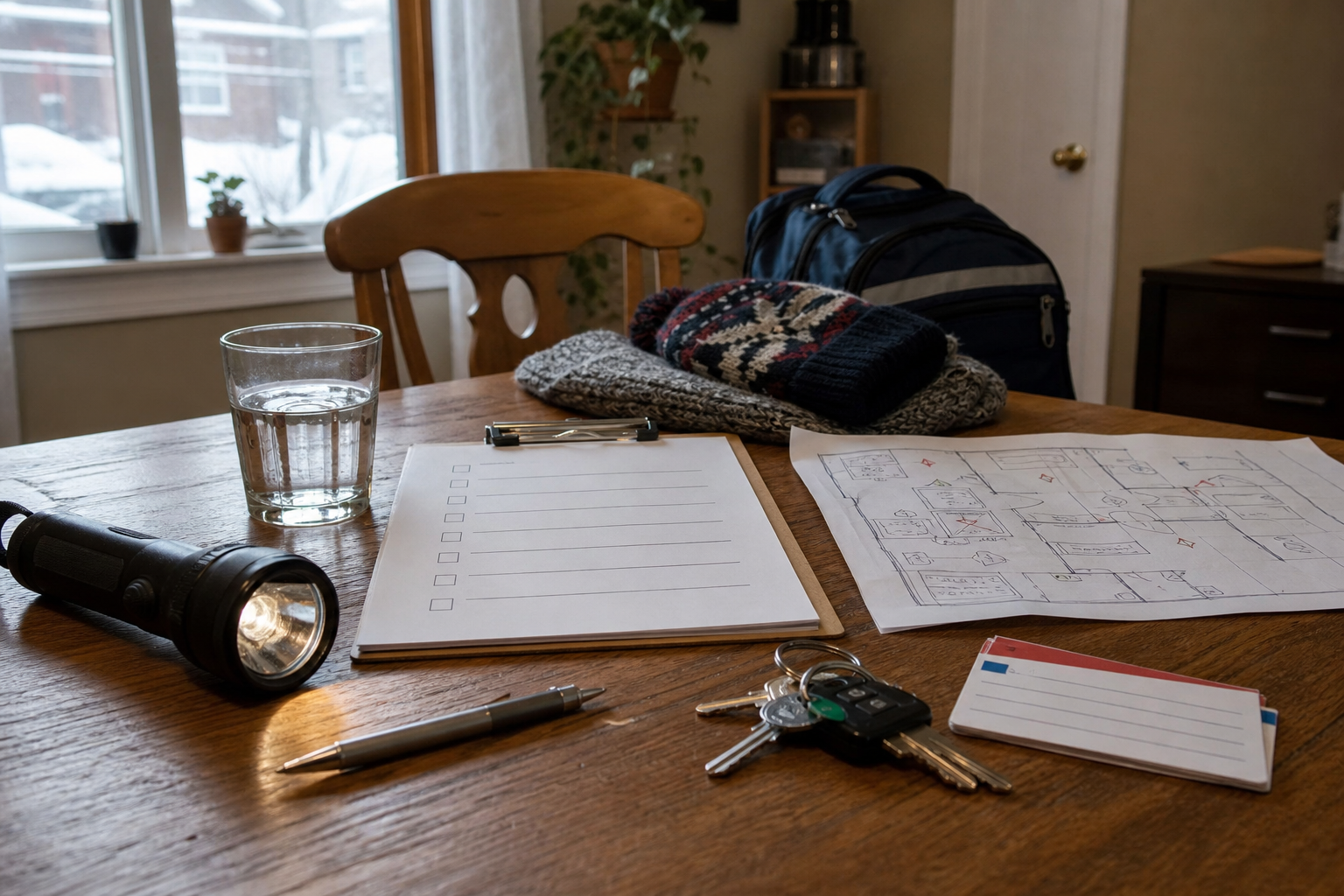 Kitchen table emergency walk-through with checklist, flashlight, and keys