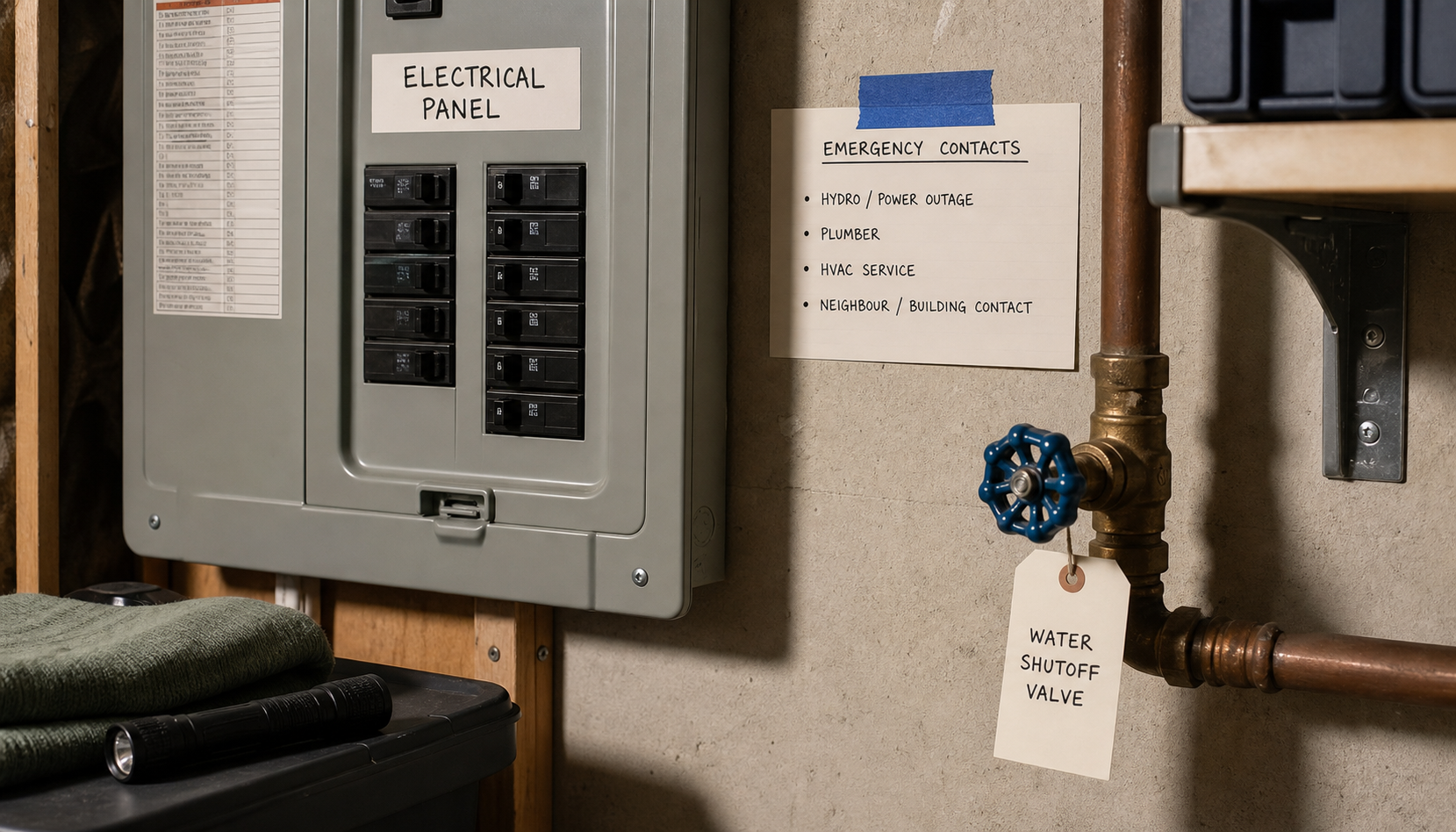 Electrical panel and water shutoff valve labeled in basement utility room