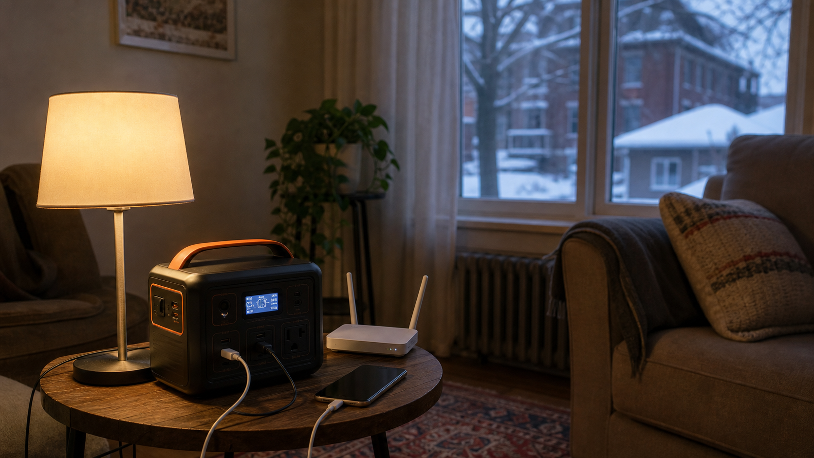 Compact battery station powering lamp and phone in one room