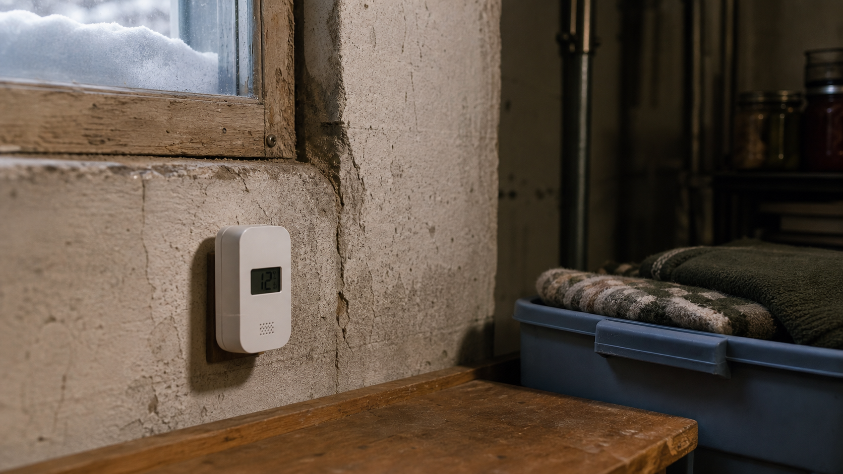 Small plug-in temperature sensor in basement or cold room corner