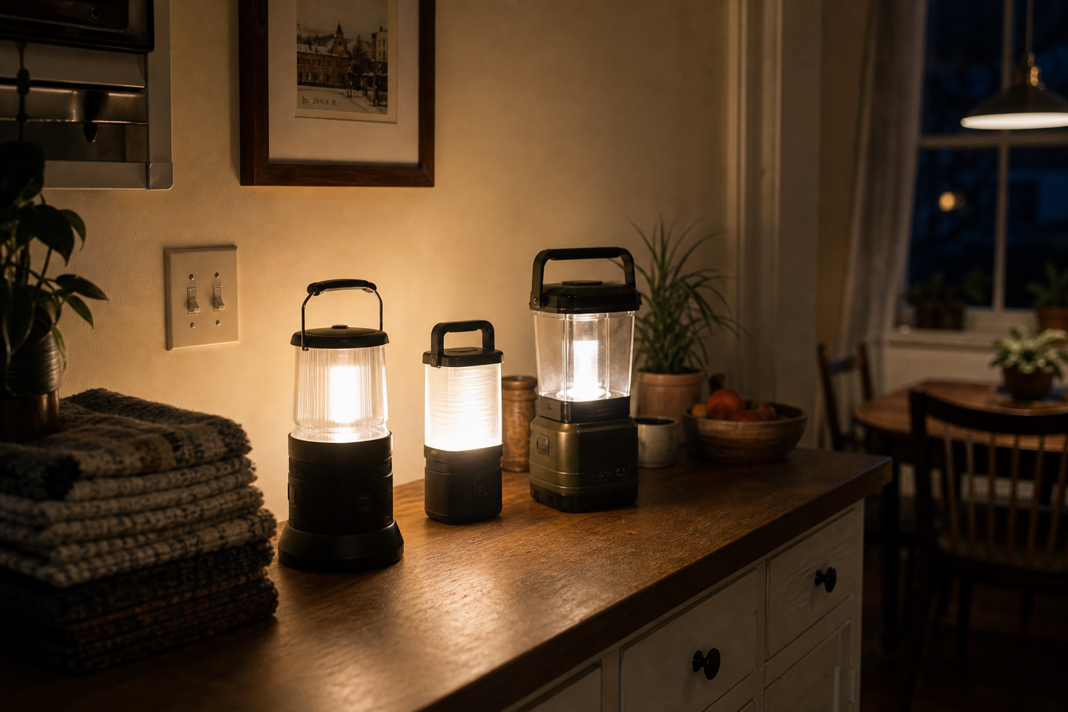 Rechargeable lanterns glowing on kitchen counter during outage prep