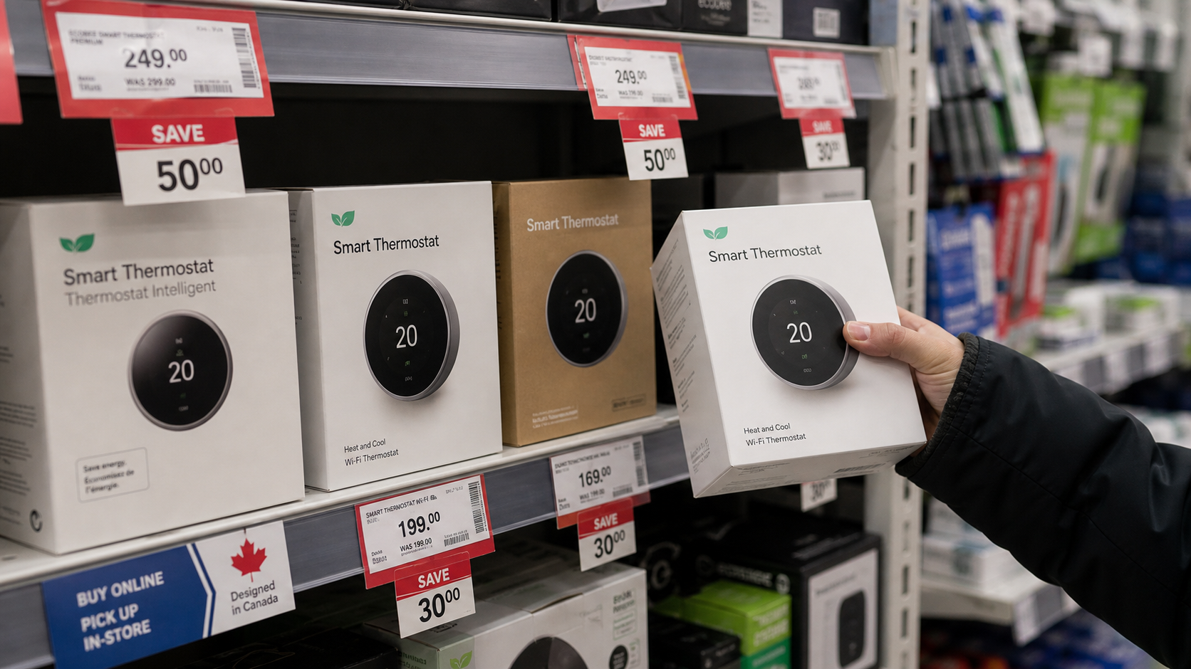A shopper comparing energy monitor prices in a store aisle