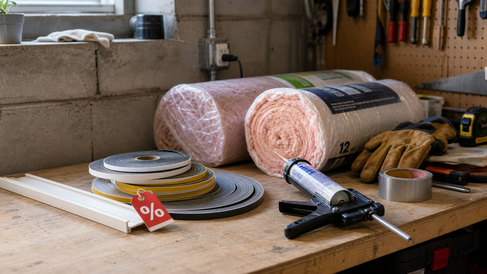 A basement workbench with insulation and weatherstripping supplies