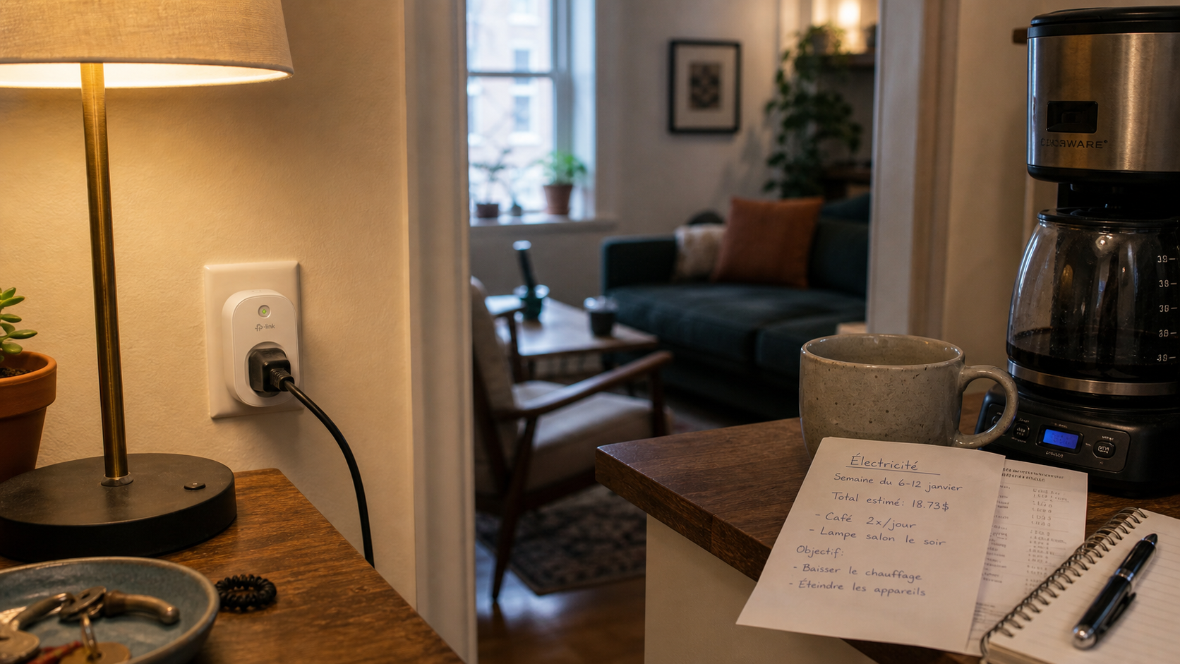 A Montreal table with Hydro-Quebec bills, a notebook, and a calculator