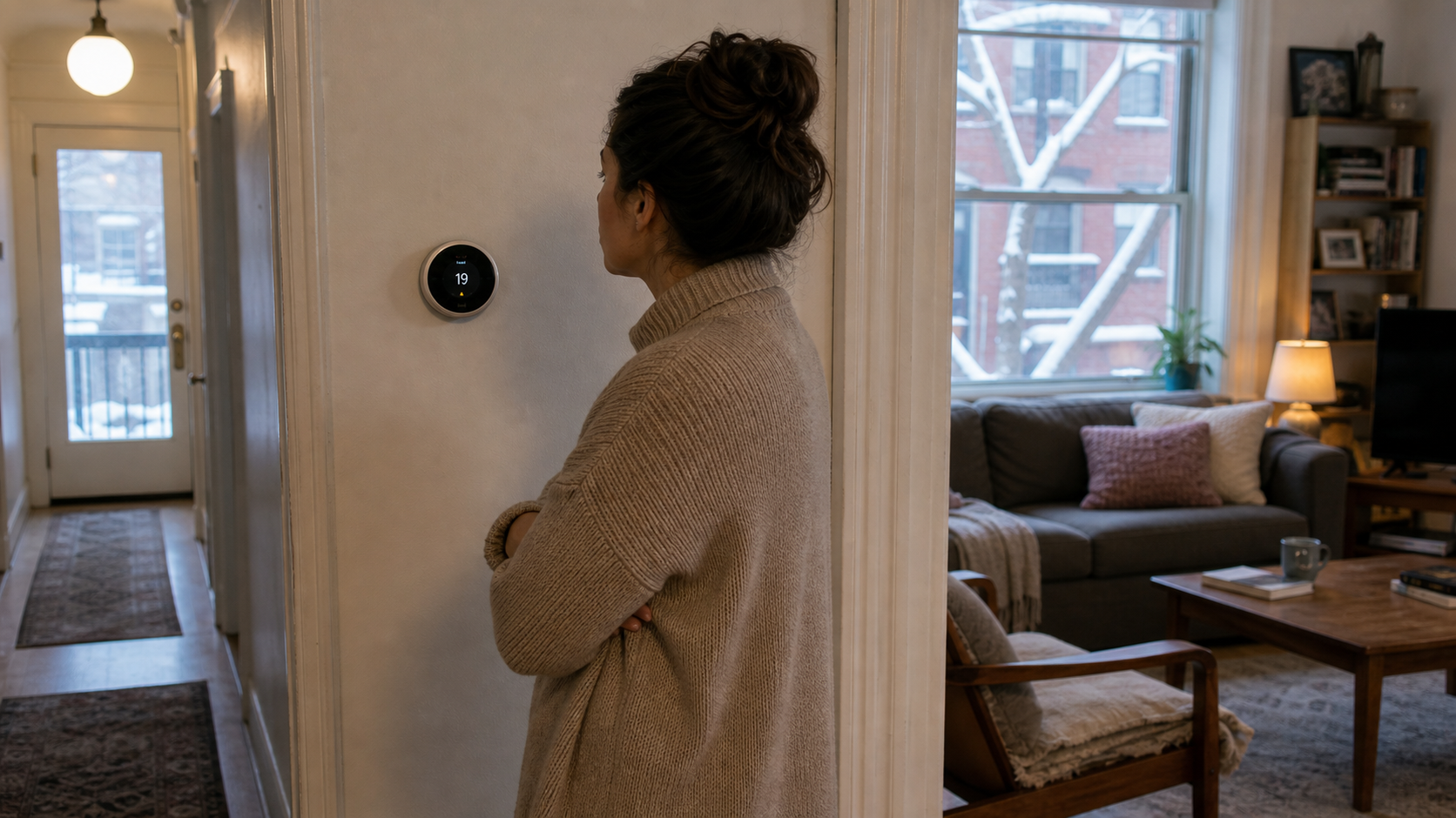 An older Montreal home with a thermostat and a living-room comparison