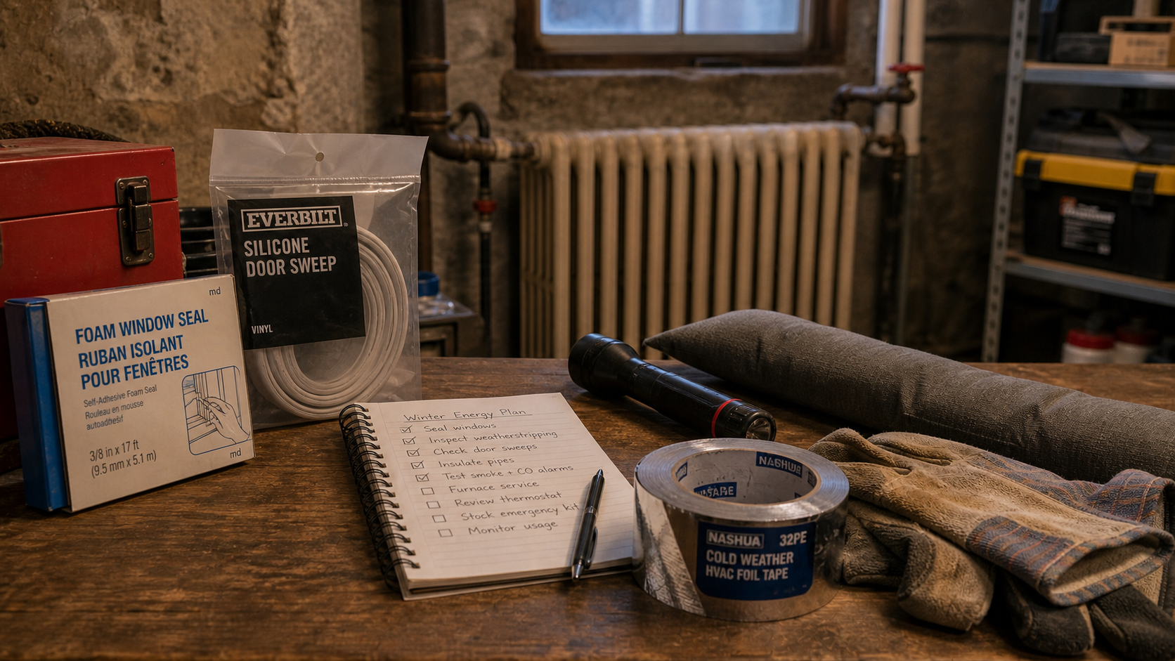 A winter home workbench with sealing supplies and a checklist