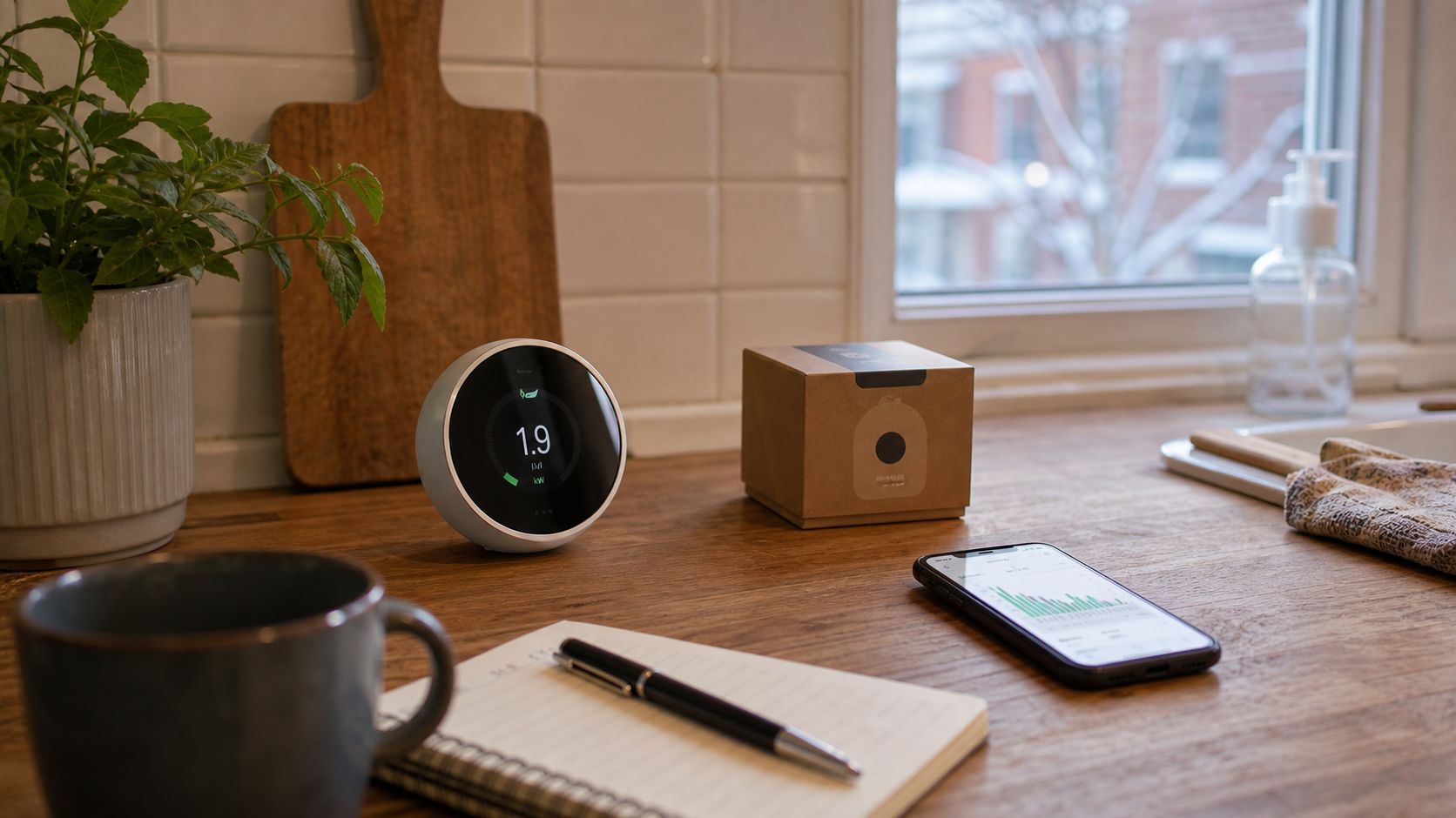 A real home energy monitor on a kitchen shelf