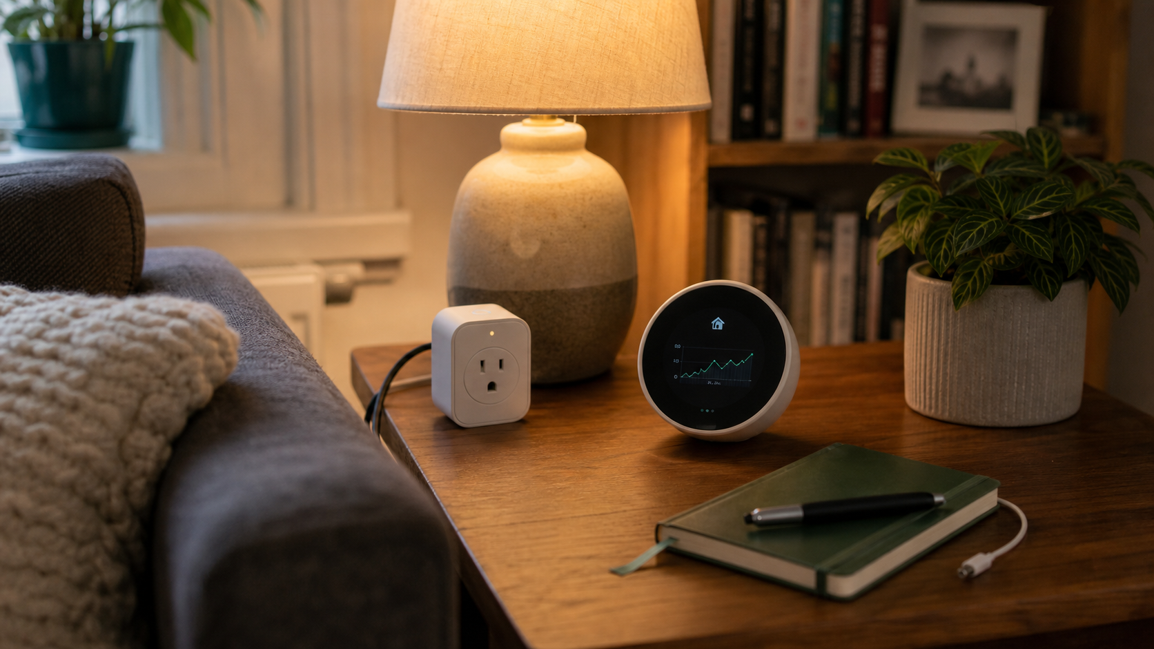 A smart plug in a lived-in apartment next to a lamp and note