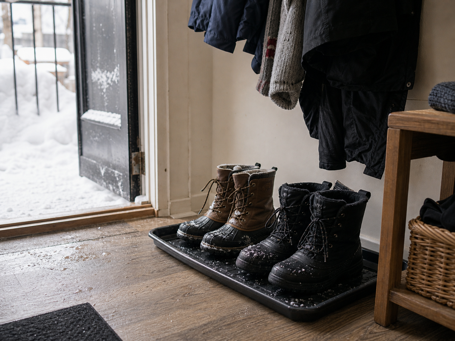 A boot tray in a snowy entryway