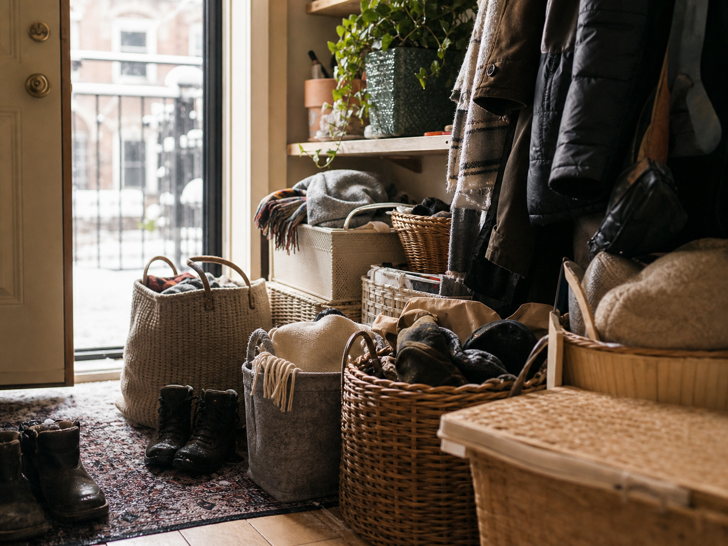 A storage basket that fits into a calm hallway