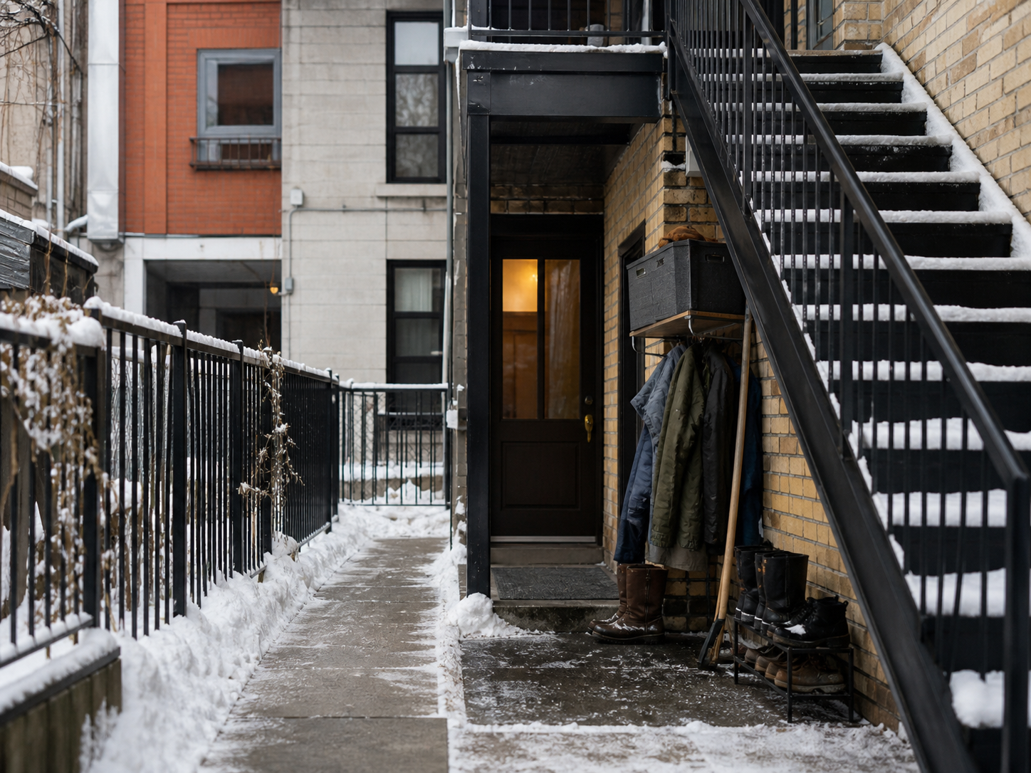 A shared-entry home with a clear access path and tidy storage