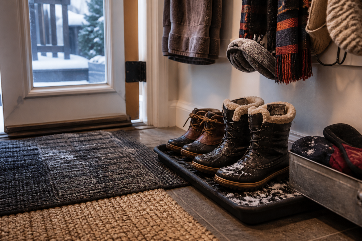 Winter entryways now need mats, trays, and drying habits