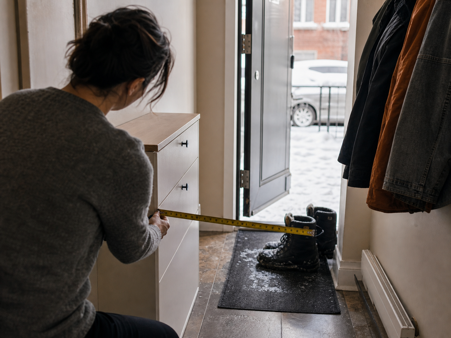 A measured door swing and storage planning scene