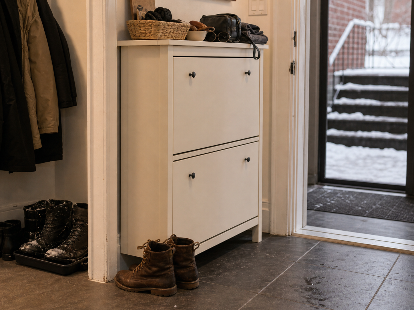 A slim shoe cabinet in an entryway