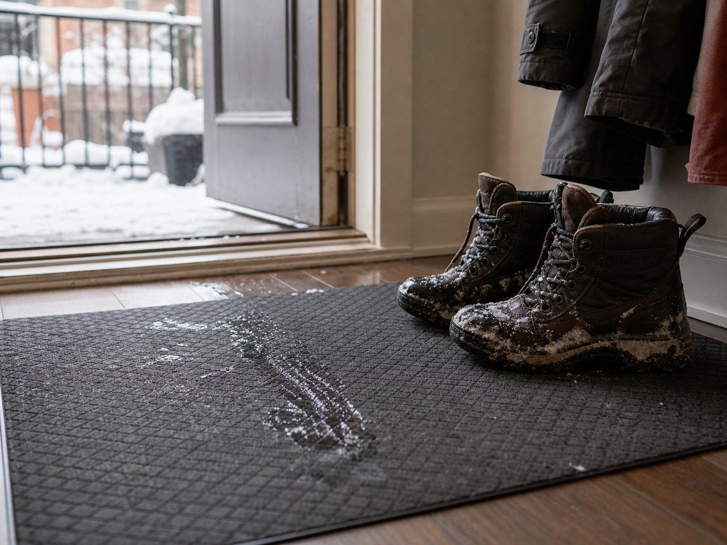 A washable entry mat and boot tray scene