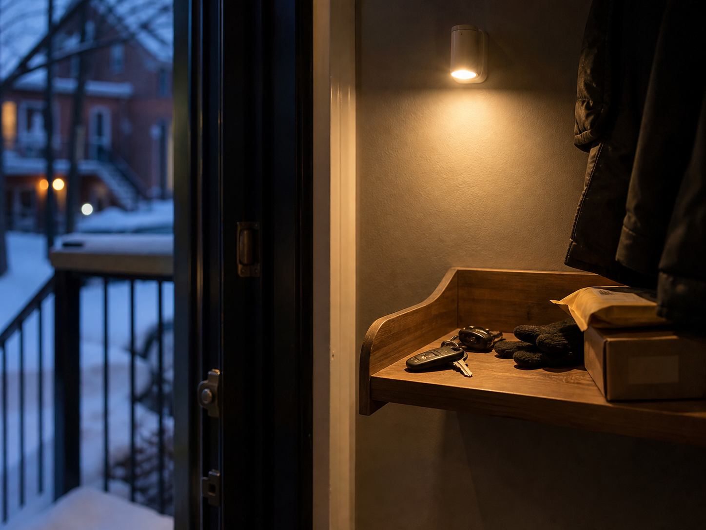 A sensor light by an entry shelf