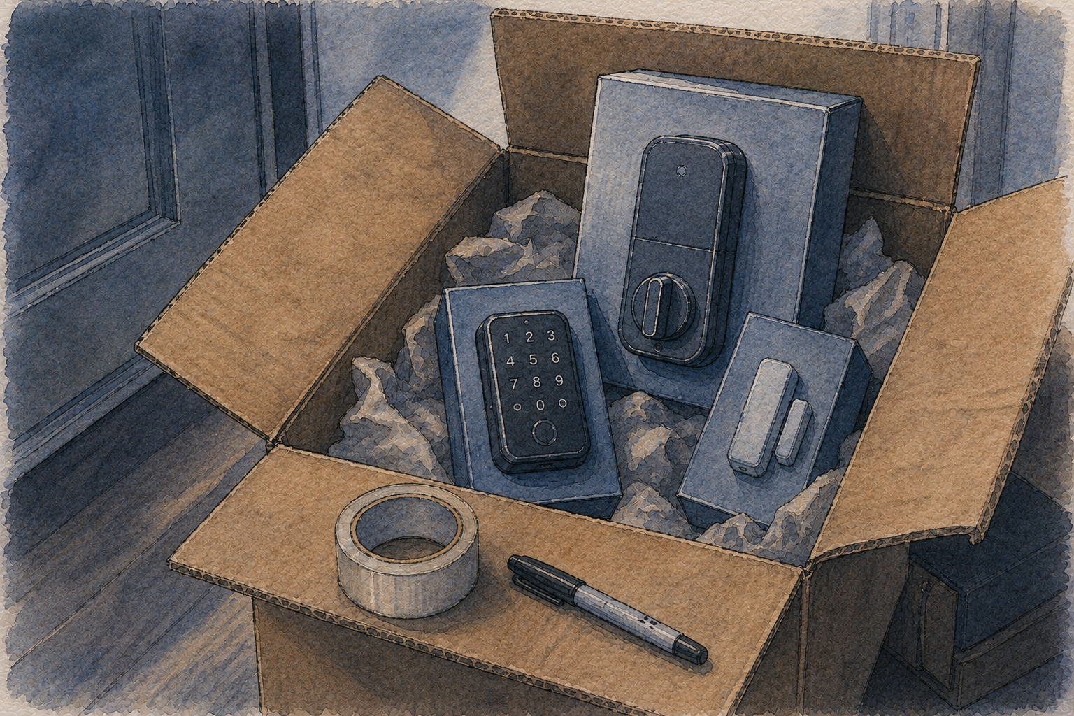 Moving box with smart lock bundle parts laid out for an everyday access decision.