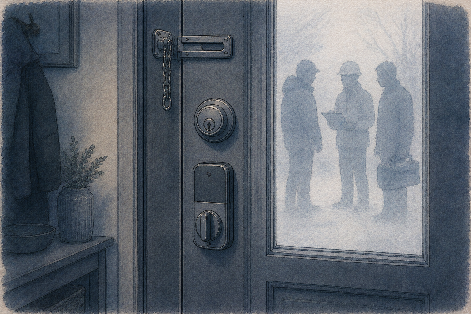Quebec apartment interior door with lock layers and silhouettes suggesting different access situations.