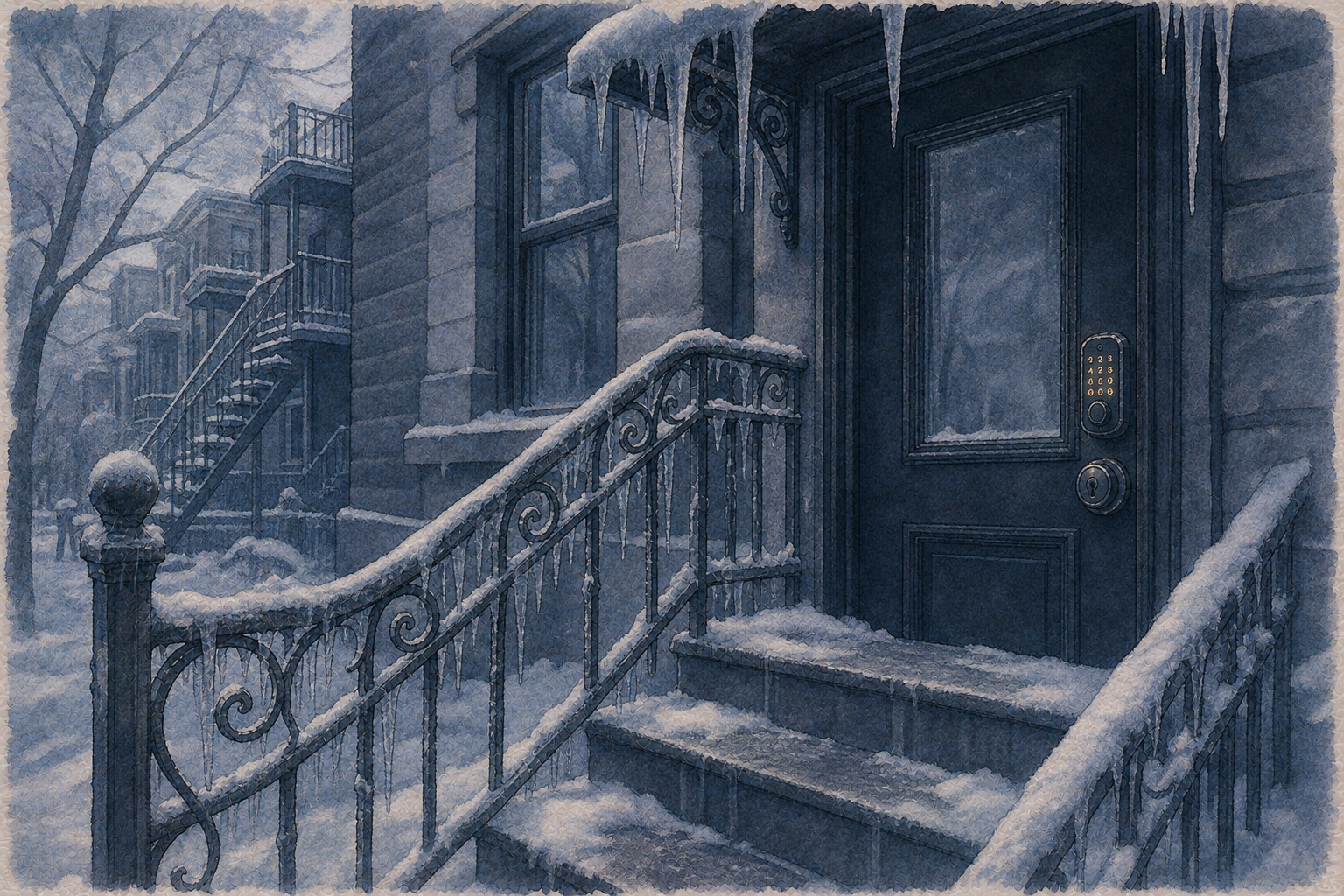 Montreal building entrance in deep winter with snow, ice, and a lit keypad beside a deadbolt.