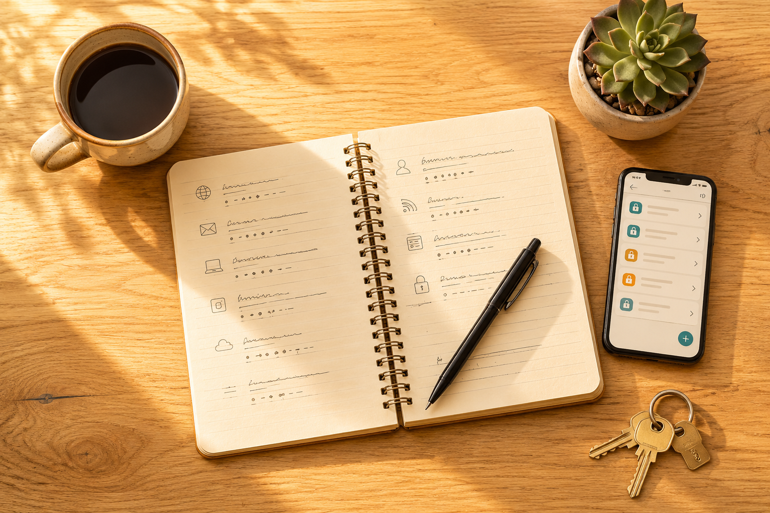 Notebook, phone, and lock app on a coffee table, highlighting household credential ownership.