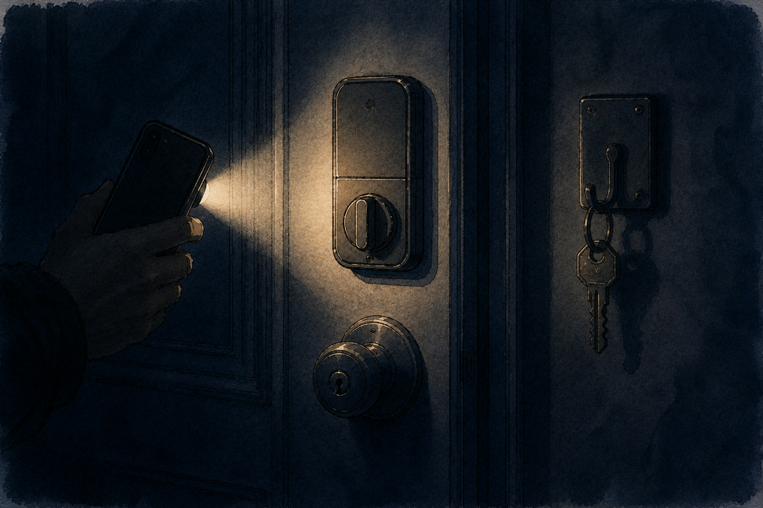 Dark hallway during outage with key and smart lock thumbturn lit by flashlight.