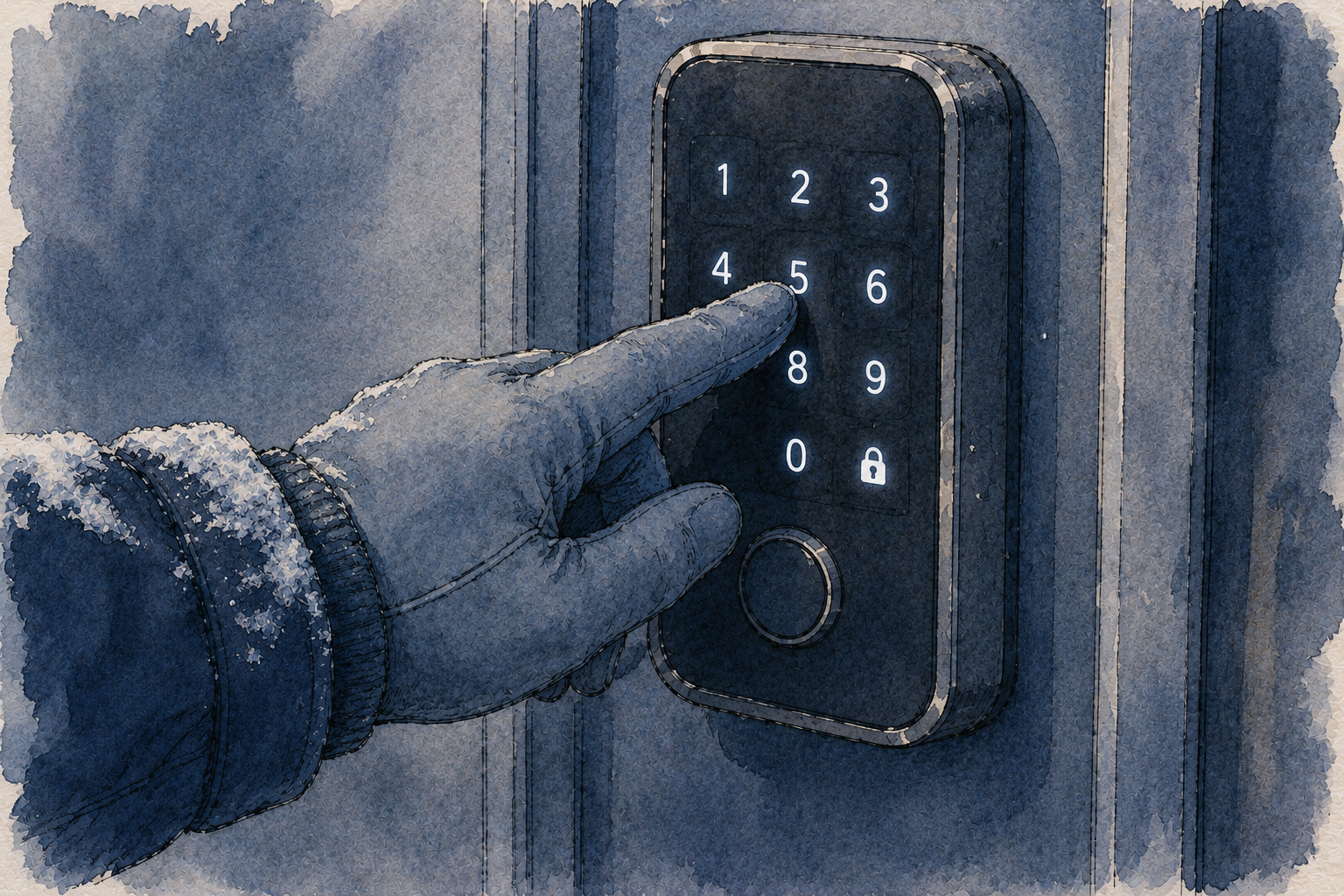 Gloved finger pressing a keypad lock, emphasizing winter-friendly phone-free access.