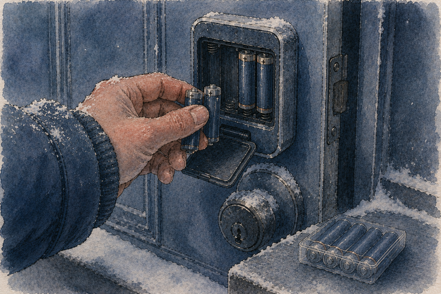 Hand opening a smart lock battery compartment outside in winter conditions.