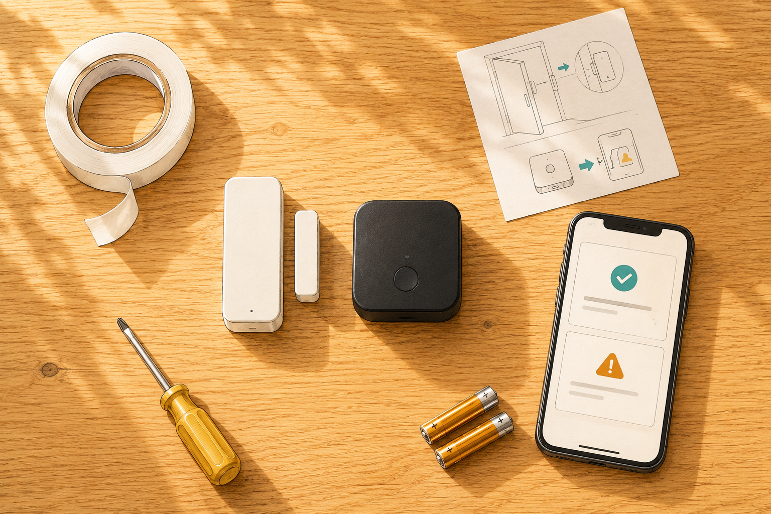 Door frame with contact sensor and smart lock showing separate installation points.