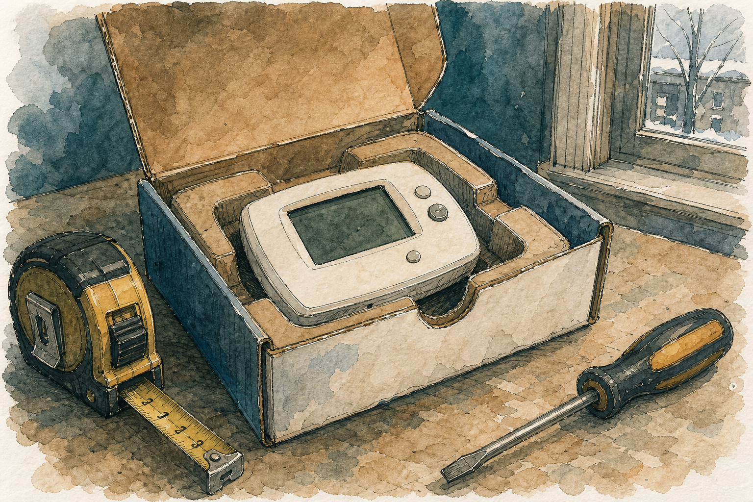 Consumer comparing a thermostat purchase with caution.