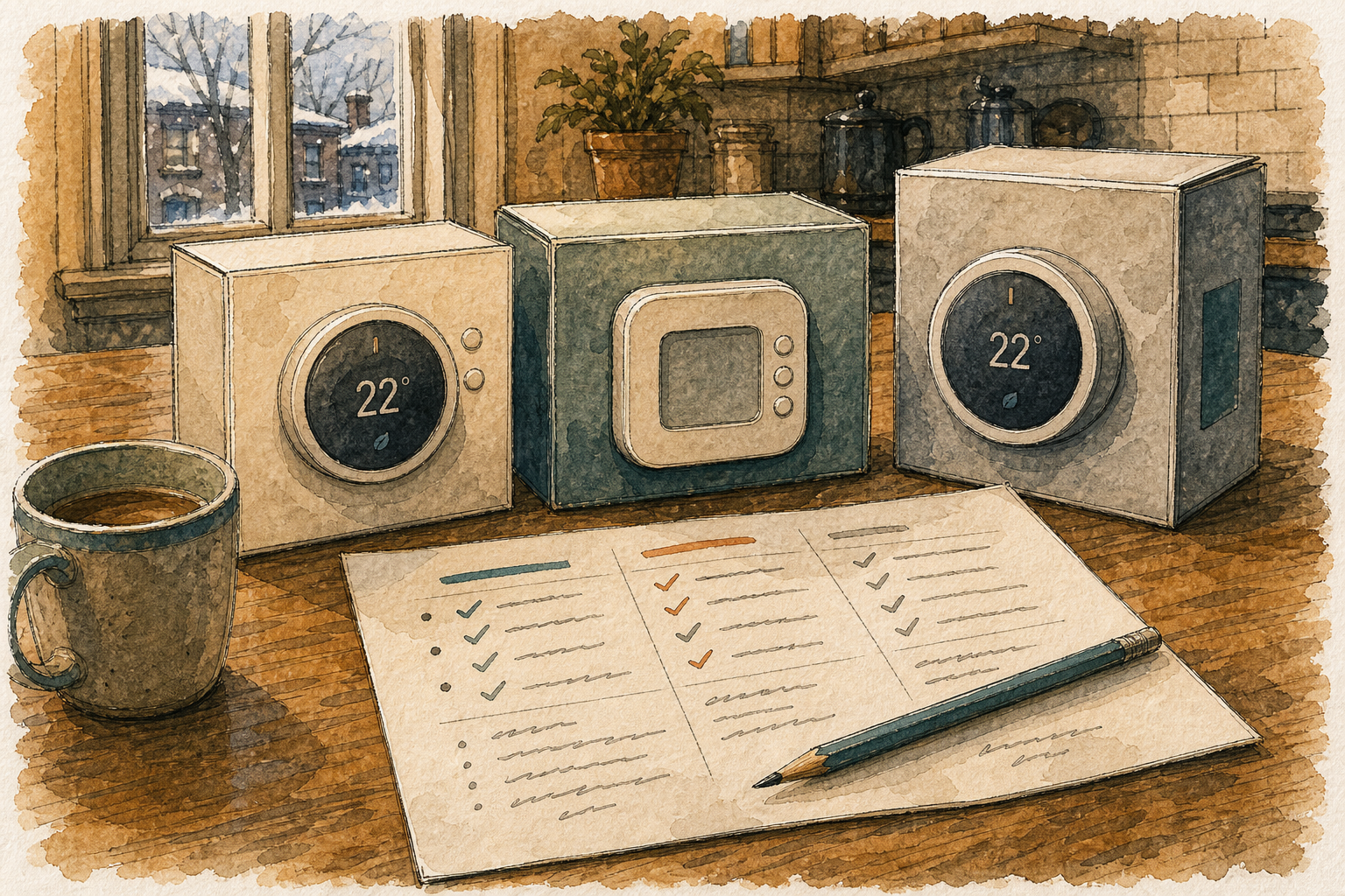 Shelf of thermostat boxes requiring compatibility judgment.