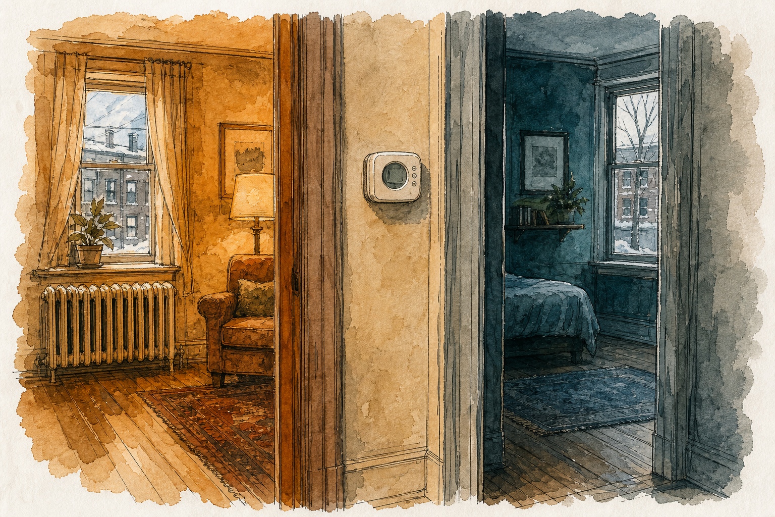 Older home interior with uneven comfort between rooms.