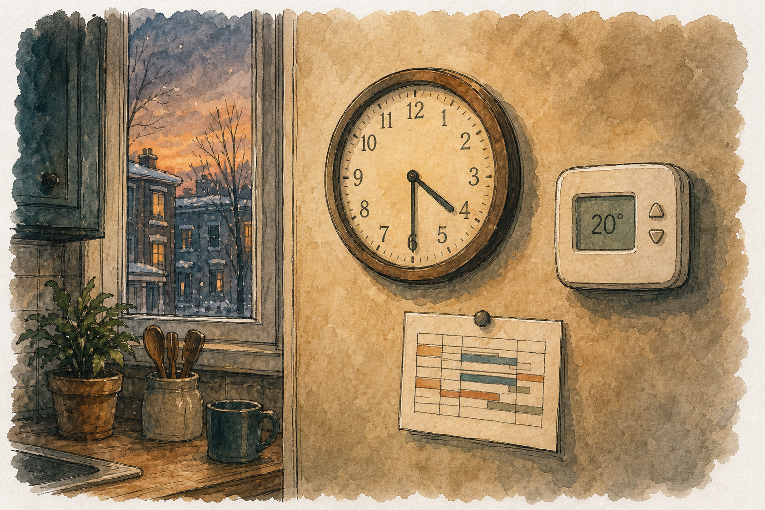 Home timing and comfort scene in a Quebec winter context.