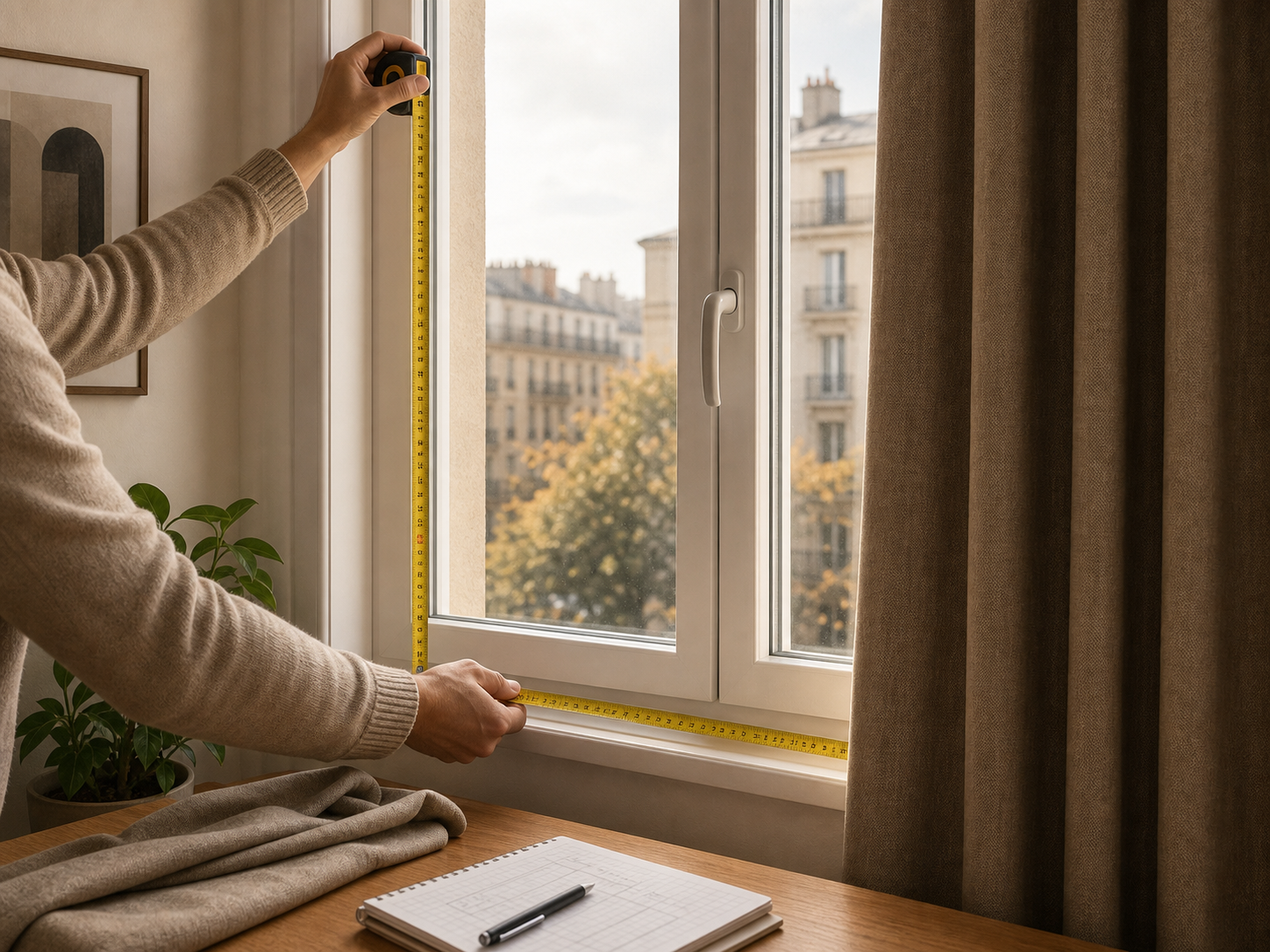 A window with curtain width and height being measured carefully before buying blackout curtains.