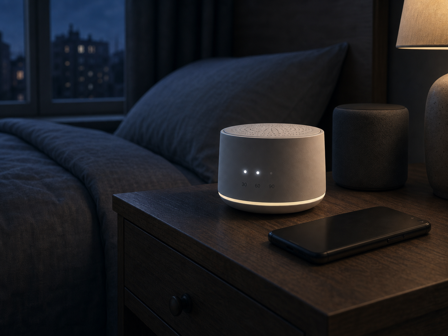 White-noise machine on a nightstand beside a phone and smart speaker in a quiet bedroom.
