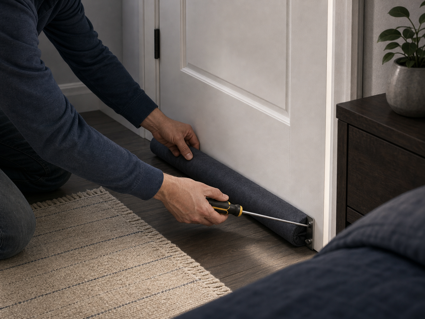 Door sweep being installed at the bottom of a bedroom door with tools on the floor.