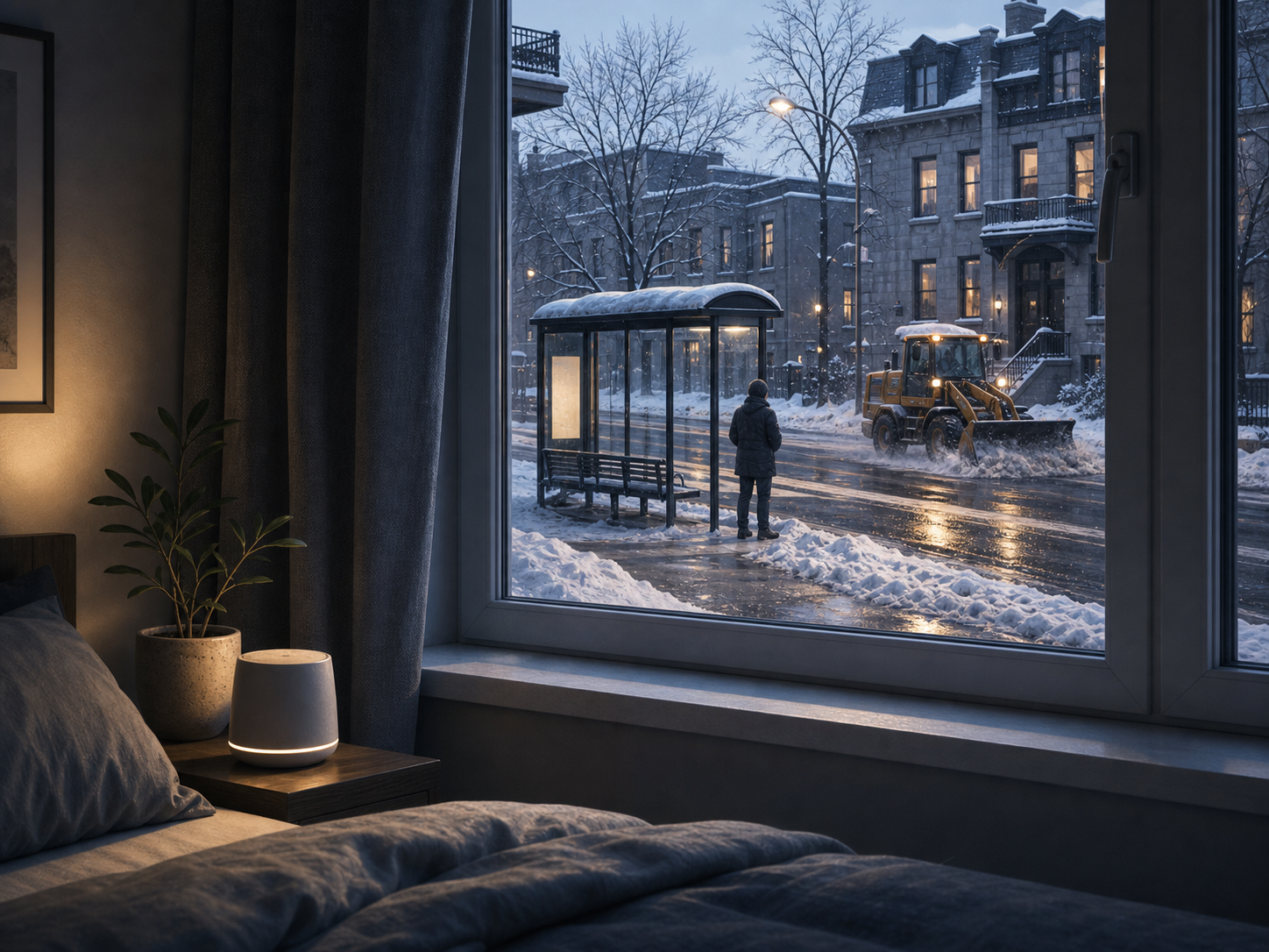 Montreal winter street view with a bus stop, snow clearing, and a bedroom window in the foreground.