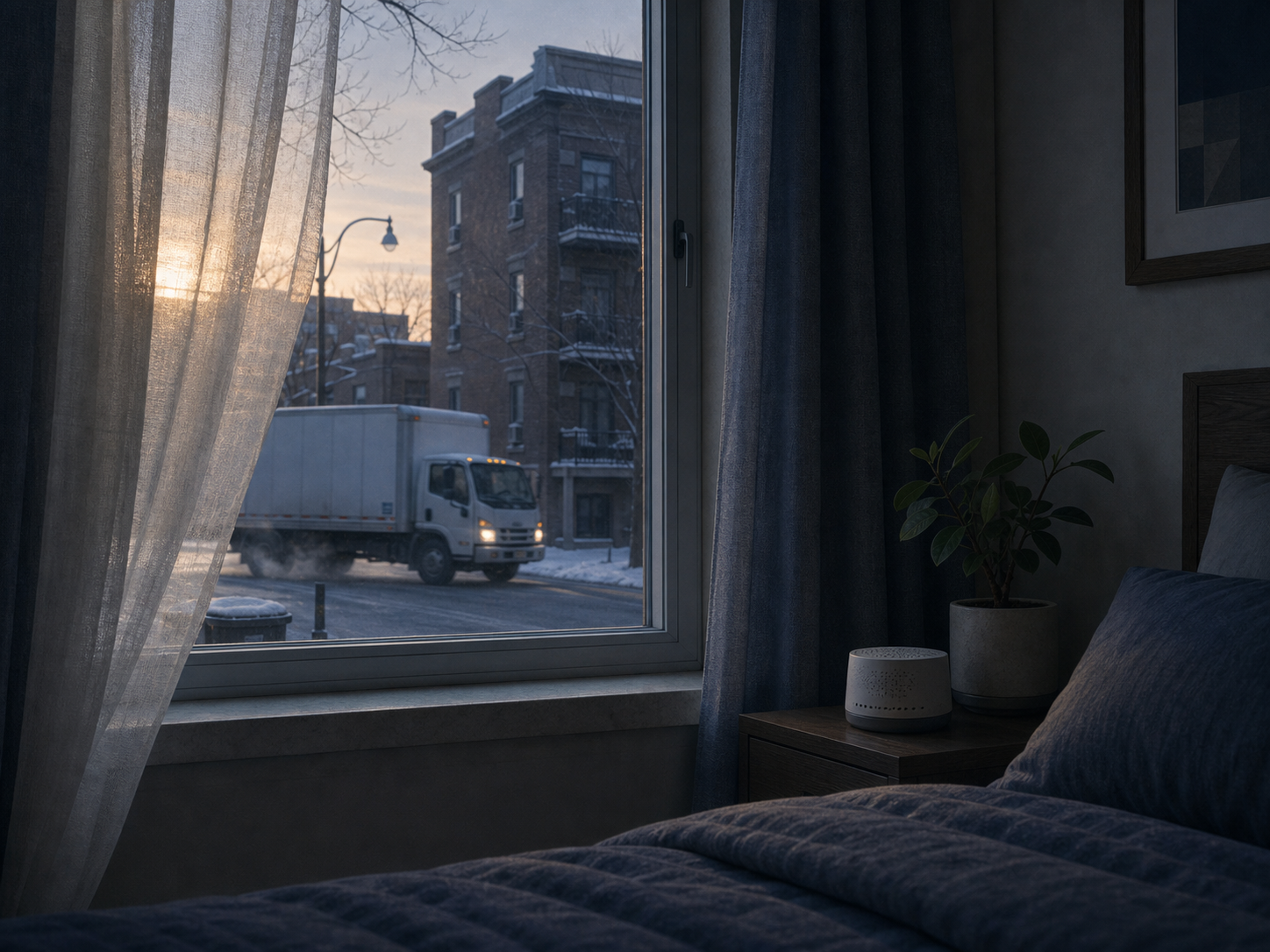 Early-morning delivery truck passing a residential Montreal street seen from a bedroom window.