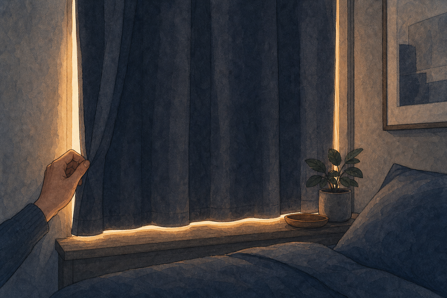 Ink-and-watercolor sketch of a hand pulling a blackout curtain edge, bright light leaking around the sides.