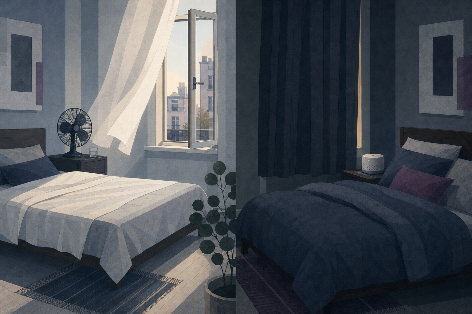 Ink sketch split in two — the same bedroom with windows open and a fan in summer, sealed with a sound machine and heavy curtain in winter.