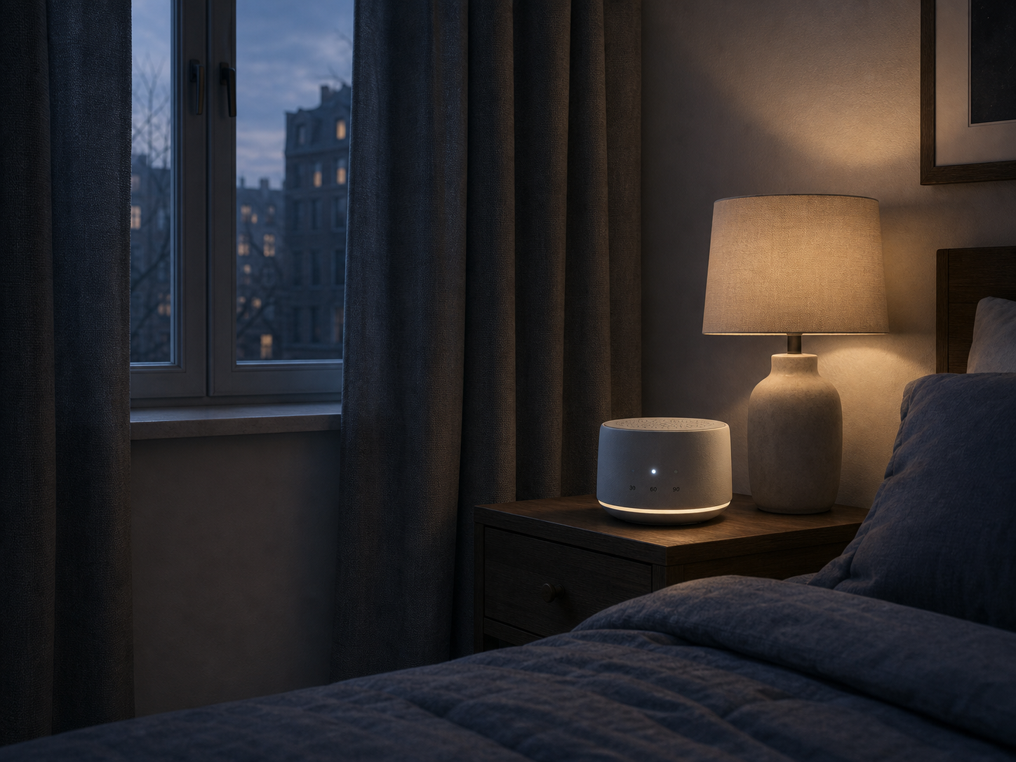Quiet bedroom at dusk with a bedside sound machine, soft lamp light, and curtains partly drawn.