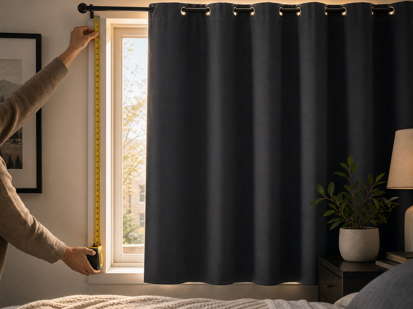 Blackout curtain being measured against a window frame with tape measure and daylight at the edges.