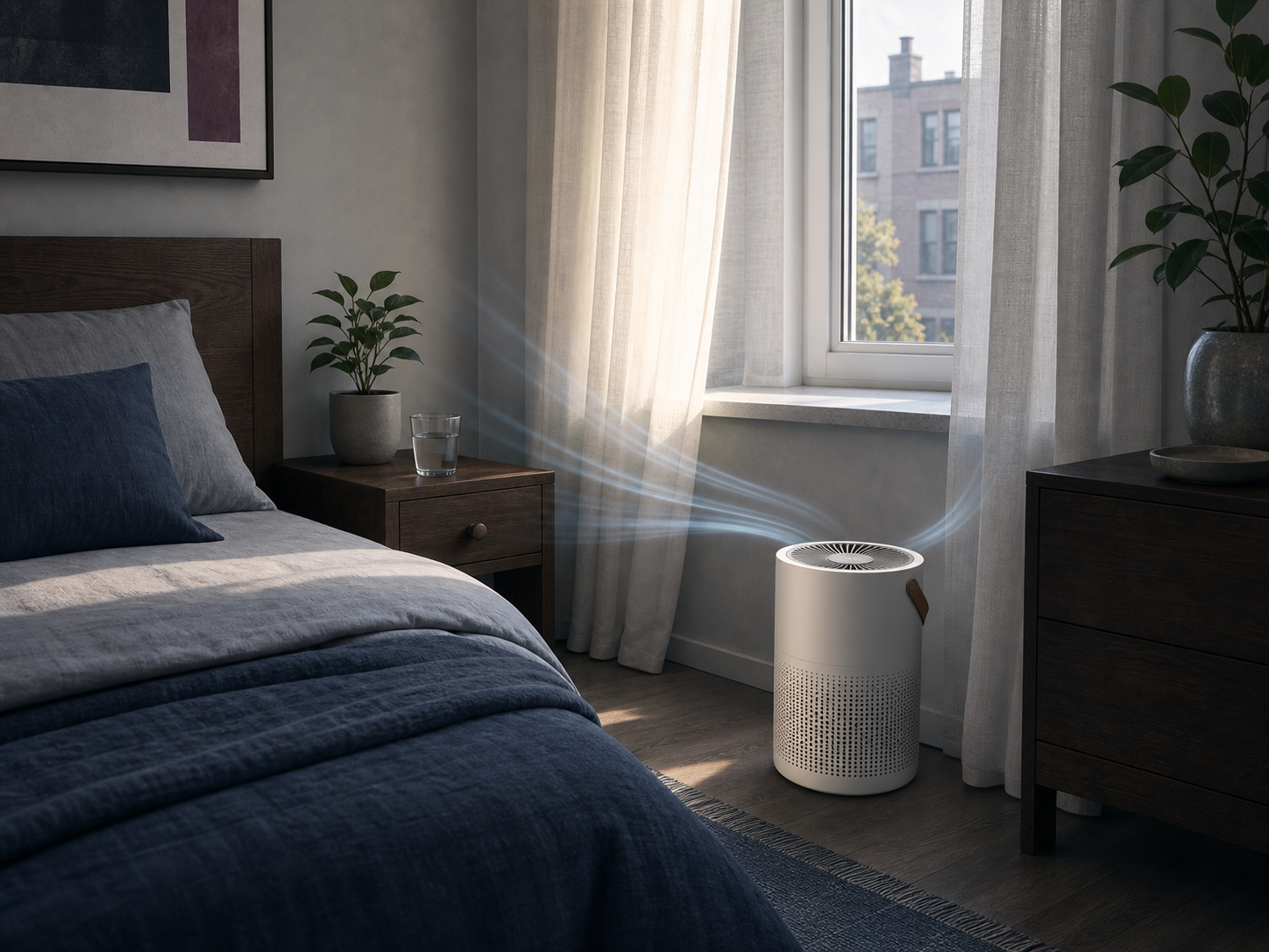 Compact bedroom with a small air purifier beside the bed and soft airflow lines in the room.